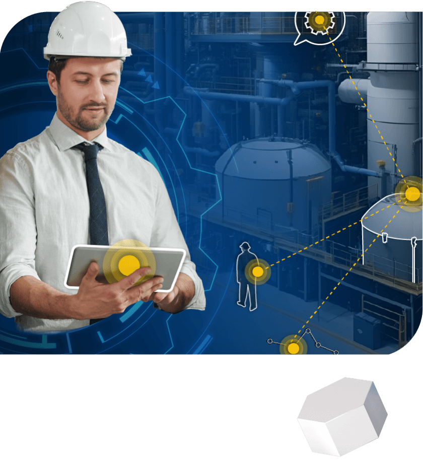 Maintenance worker in a hard hat holding a tablet